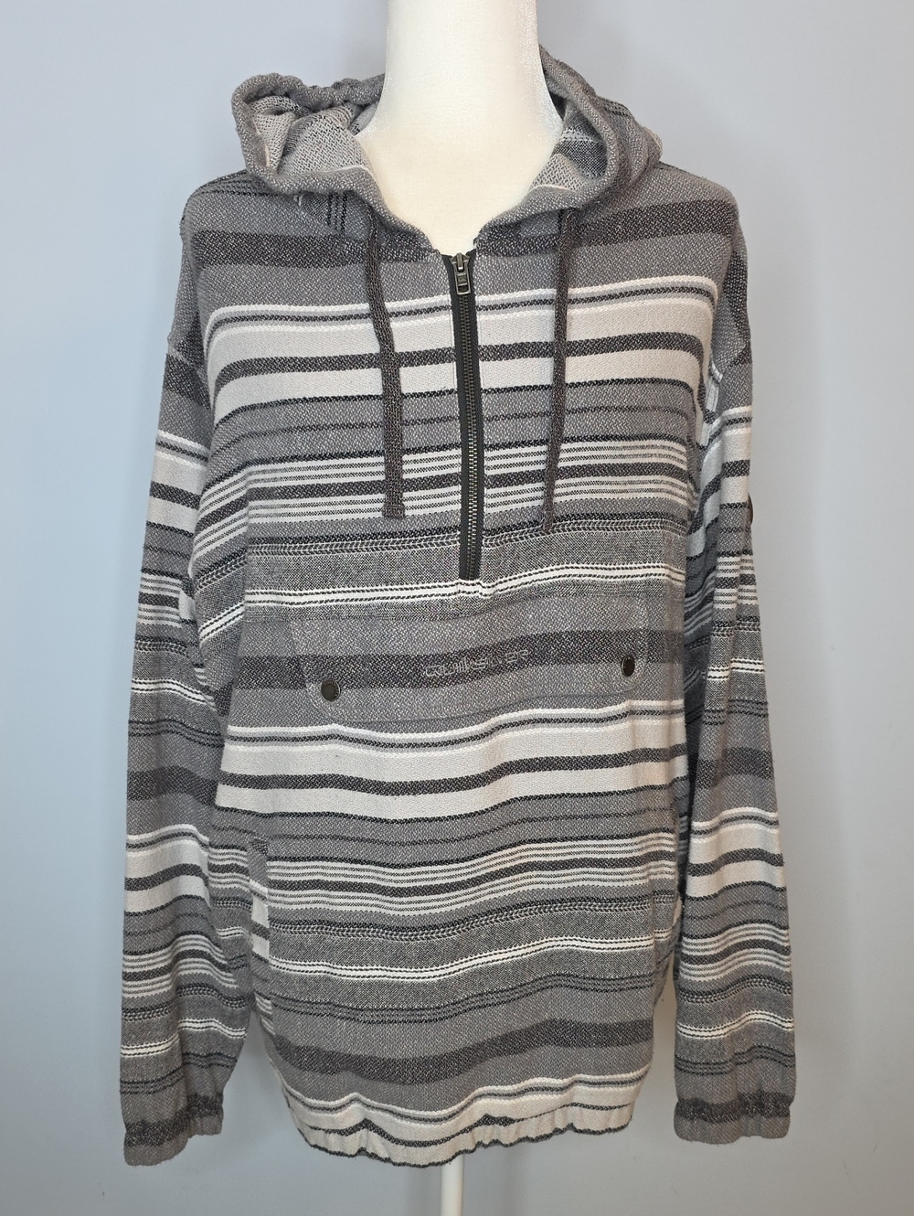 Quiksilver Gray & White Striped Zip-Up Hoodie Sweater